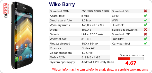 Dane telefonu Wiko Barry