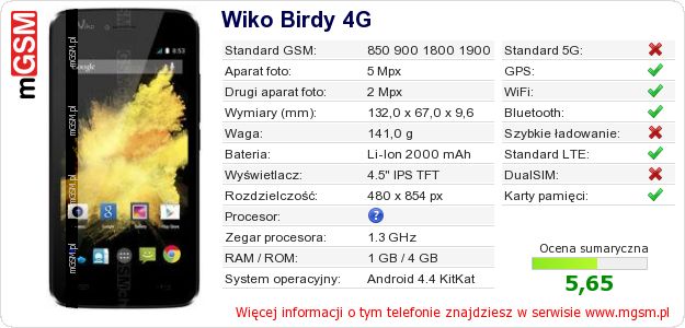Dane telefonu Wiko Birdy 4G Dane telefonu Wiko Birdy 4G