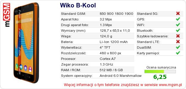 Dane telefonu Wiko B-Kool Dane telefonu Wiko B-Kool