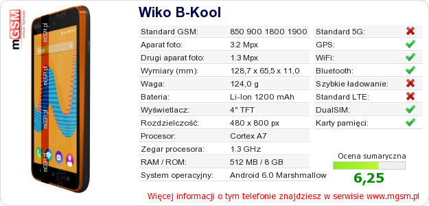 Dane telefonu Wiko B-Kool