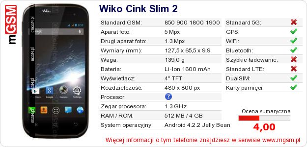 Dane telefonu Wiko Cink Slim 2 Dane telefonu Wiko Cink Slim 2