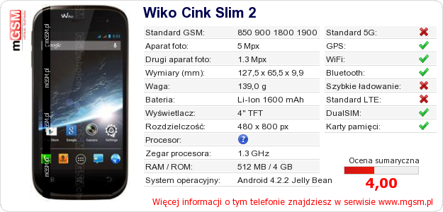 Dane telefonu Wiko Cink Slim 2