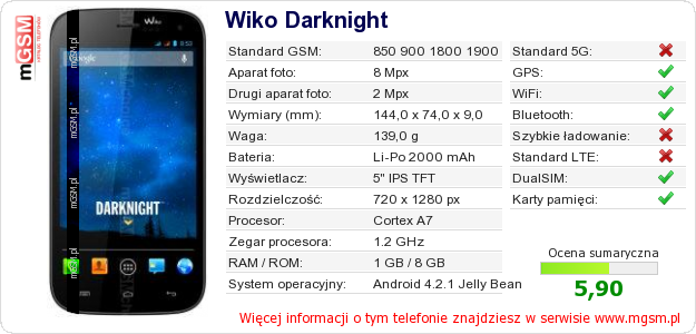 Dane telefonu Wiko Darknight Dane telefonu Wiko Darknight