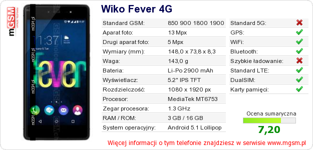 Dane telefonu Wiko Fever 4G