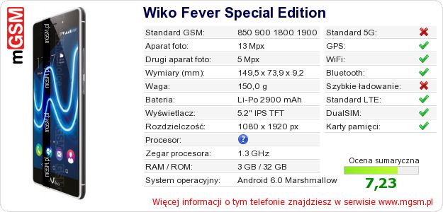 Dane telefonu Wiko Fever Special Edition