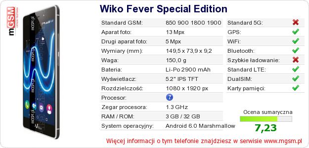 Dane telefonu Wiko Fever Special Edition