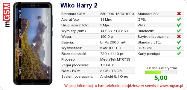 Dane telefonu Wiko Harry 2