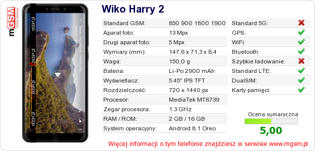 Dane telefonu Wiko Harry 2