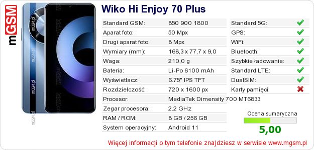 Dane telefonu Wiko Hi Enjoy 70 Plus