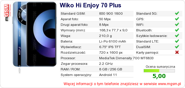 Dane telefonu Wiko Hi Enjoy 70 Plus