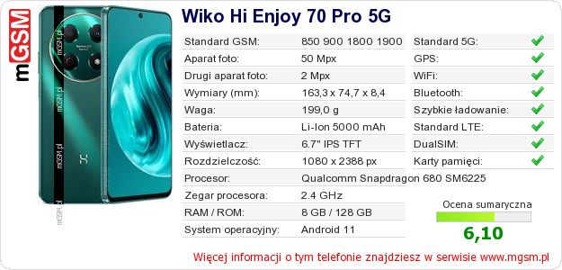 Dane telefonu Wiko Hi Enjoy 70 Pro 5G
