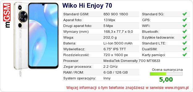 Dane telefonu Wiko Hi Enjoy 70