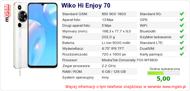 Dane telefonu Wiko Hi Enjoy 70
