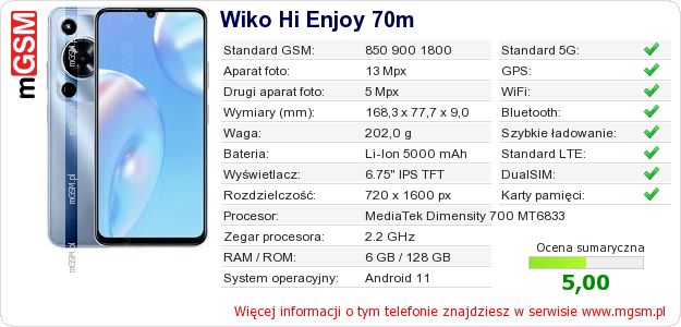 Dane telefonu Wiko Hi Enjoy 70m