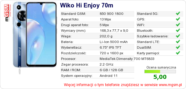 Dane telefonu Wiko Hi Enjoy 70m