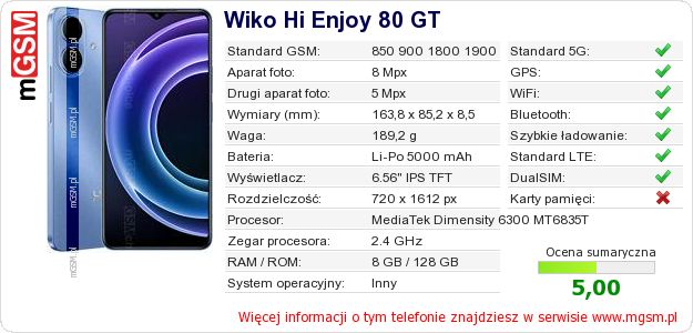 Dane telefonu Wiko Hi Enjoy 80 GT
