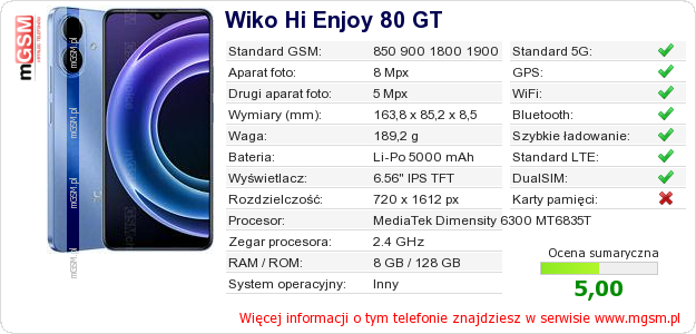 Dane telefonu Wiko Hi Enjoy 80 GT