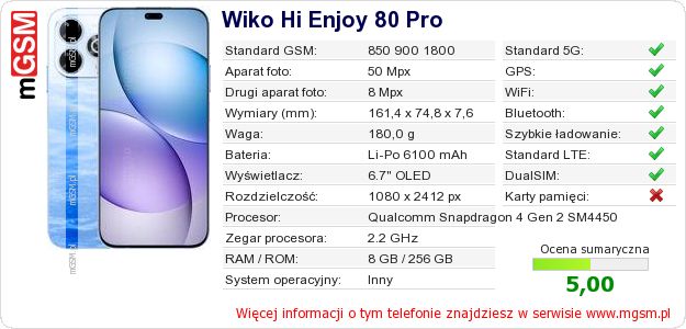 Dane telefonu Wiko Hi Enjoy 80 Pro