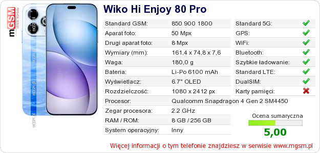 Dane telefonu Wiko Hi Enjoy 80 Pro