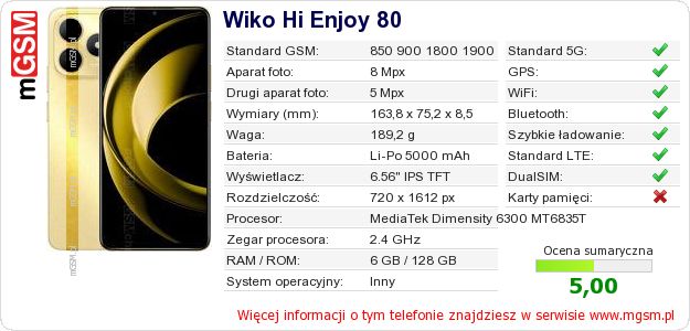 Dane telefonu Wiko Hi Enjoy 80