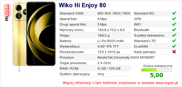 Dane telefonu Wiko Hi Enjoy 80