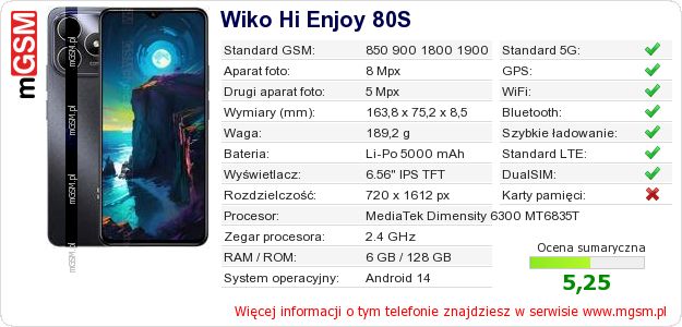Dane telefonu Wiko Hi Enjoy 80S Dane telefonu Wiko Hi Enjoy 80S
