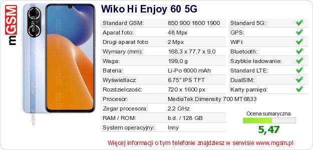 Dane telefonu Wiko Hi Enjoy 60 5G Dane telefonu Wiko Hi Enjoy 60 5G