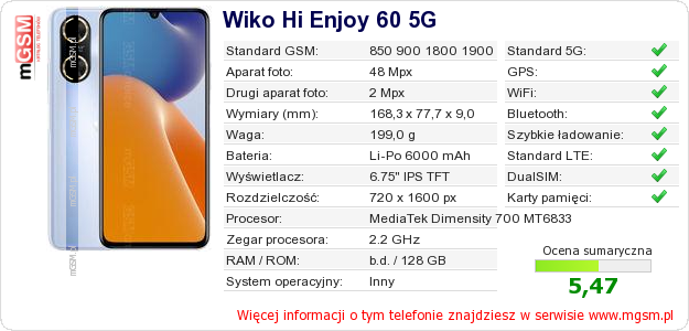 Dane telefonu Wiko Hi Enjoy 60 5G