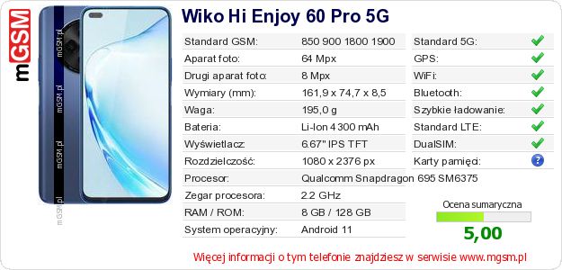 Dane telefonu Wiko Hi Enjoy 60 Pro 5G