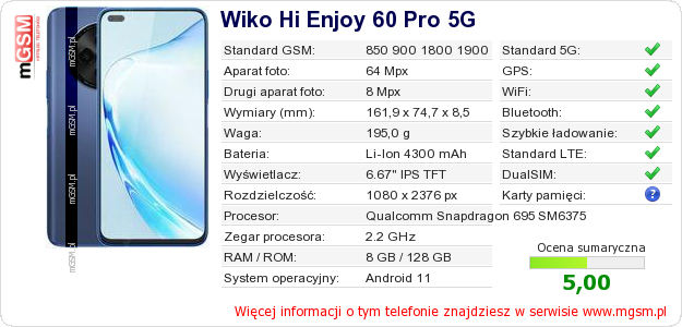 Dane telefonu Wiko Hi Enjoy 60 Pro 5G