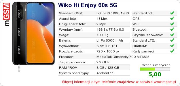 Dane telefonu Wiko Hi Enjoy 60s 5G