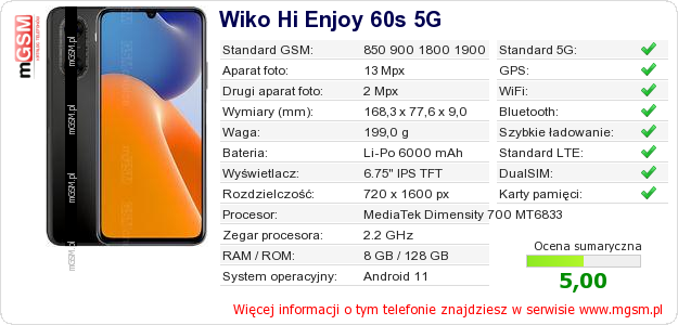 Dane telefonu Wiko Hi Enjoy 60s 5G