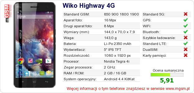 Dane telefonu Wiko Highway 4G