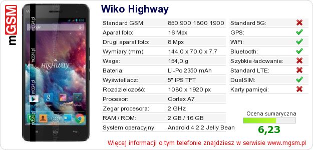 Dane telefonu Wiko Highway Dane telefonu Wiko Highway
