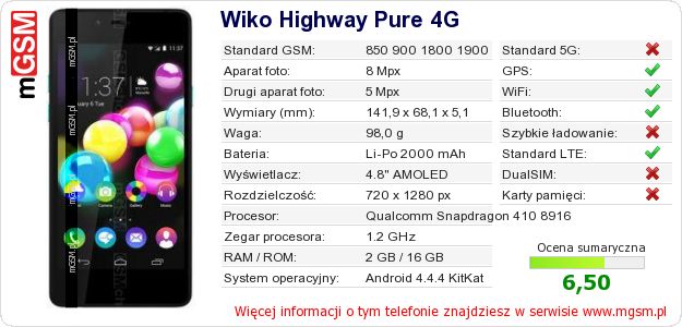 Dane telefonu Wiko Highway Pure 4G Dane telefonu Wiko Highway Pure 4G