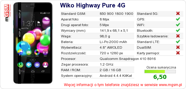 Dane telefonu Wiko Highway Pure 4G