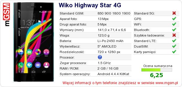 Dane telefonu Wiko Highway Star 4G Dane telefonu Wiko Highway Star 4G