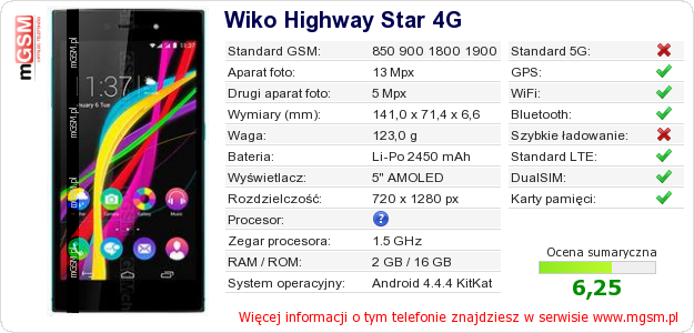 Dane telefonu Wiko Highway Star 4G