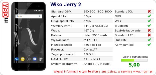 Dane telefonu Wiko Jerry 2