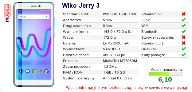 Dane telefonu Wiko Jerry 3 Dane telefonu Wiko Jerry 3
