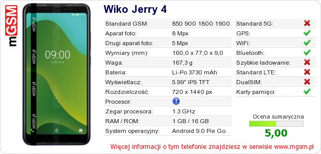 Dane telefonu Wiko Jerry 4