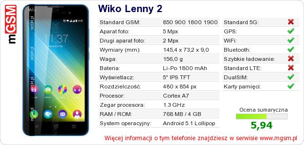 Dane telefonu Wiko Lenny 2
