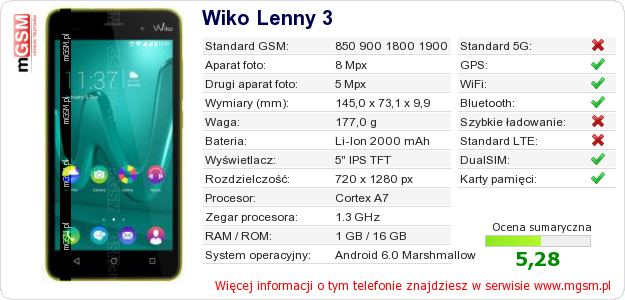 Dane telefonu Wiko Lenny 3