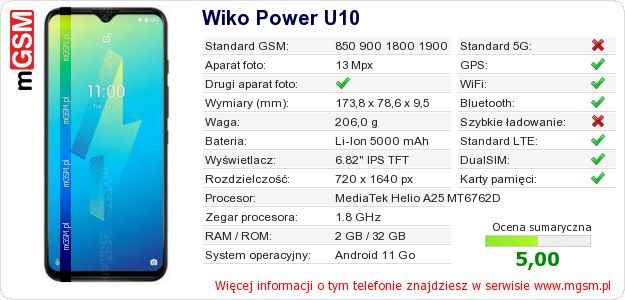 Dane telefonu Wiko Power U10