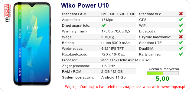 Dane telefonu Wiko Power U10