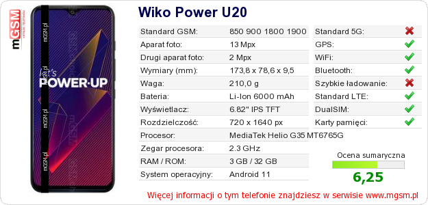 Dane telefonu Wiko Power U20 Dane telefonu Wiko Power U20