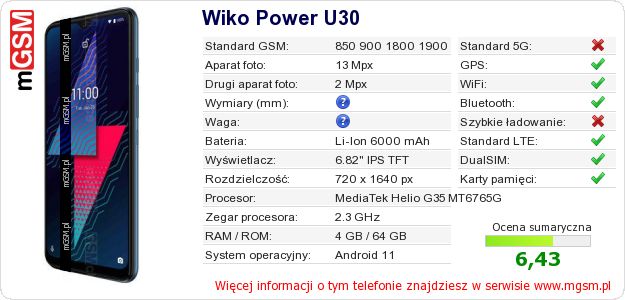Dane telefonu Wiko Power U30