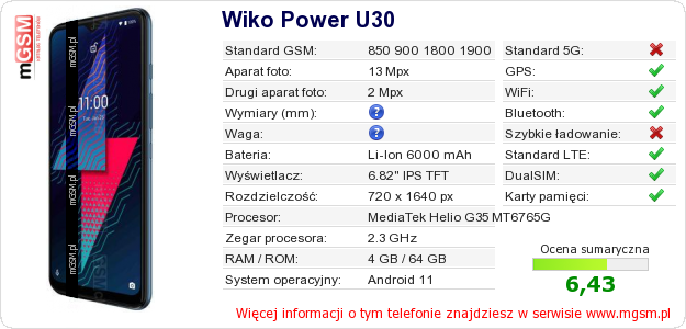 Dane telefonu Wiko Power U30