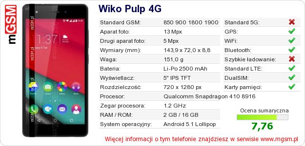 Dane telefonu Wiko Pulp 4G Dane telefonu Wiko Pulp 4G