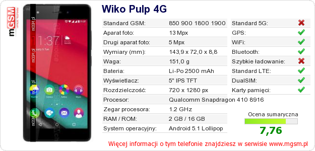 Dane telefonu Wiko Pulp 4G